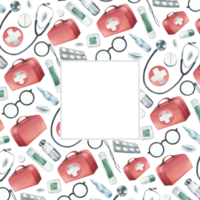 A kit of medical equipment with a red first aid bag. Watercolor illustration drawn by hand. Square template, a frame png