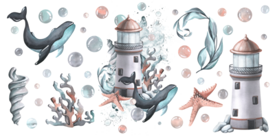 Lighthouse with whale, shell, coral, algae, starfish, bubbles. Watercolor illustration, hand drawn. Nautical set of isolated elements png