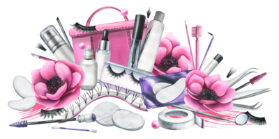 Pink cosmetic bag with beauty master's tools for eyelash extension and lamination, with brushes, silicone rollers. Watercolor illustration, hand drawn. Isolated composition png