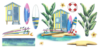 A beach cabin with surfboards, a lifebuoy and a palm tree on a sandy island with an azure sea, ocean. Watercolor illustration hand drawn. Set of isolated elements png
