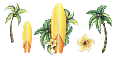 Surfboard in yellow and orange with stripes with tropical leaves and frangipani flowers. Watercolor illustration hand drawn. Set of isolated elements png