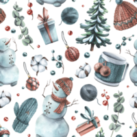 vinter- ny år, jul sömlös mönster med stickat saker, bomull, eukalyptus, bär, jul bollar, leksaker, gåvor, snögubbe, träd, mugg. vattenfärg illustration hand dragen png