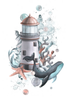 A marine lighthouse with whale, algae, coral, starfish, bubbles and shells. Watercolor illustration hand drawn. Isolated composition png
