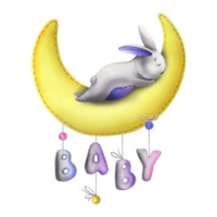 A cute gray stitched bunny lies and sleeps on a yellow moon with the letters BABY hanging on ropes with bows. Watercolor illustration, hand drawn. Isolated composition png