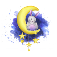 A cute gray stitched bunny sits and sleeps on a yellow moon with hanging stars against the background of the night sky. Watercolor illustration, hand drawn. Isolated composition png