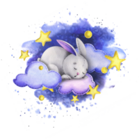 A cute gray bunny sleeps on the clouds among the stars against the background of the night sky. Watercolor illustration children's hand drawn. Isolated composition png