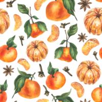 Tangerines with whole leaves and slices with spices, star anise and cloves. Watercolor illustration, hand drawn. Winter, Christmas seamless pattern png