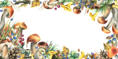 forêt champignons, bolet, chanterelles et myrtilles, airelles, brindilles, cônes, feuilles. aquarelle illustration, main tiré Cadre modèle png