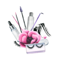 Cosmetics and brushes for eyes and eyebrows, tubes with pink anemone flowers. Watercolor illustration hand drawn. Isolated composition png