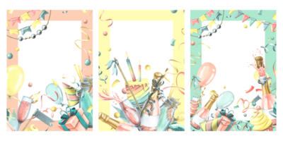vertical aniversário cartões com Rosa champanhe, balões, presentes, confete, bandeiras, bolos. aguarela ilustração, mão retirou. uma conjunto quadros modelo para texto png
