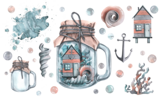 Wooden beach house with anchor, shells and corals, bubbles and glass jar. Watercolor illustration hand drawn. Set of isolated elements png