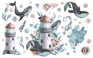A marine lighthouse with whales, algae and shells, bubbles. Watercolor illustration hand drawn. Set isolated elements png