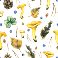 Forest edible chanterelle mushrooms are yellow with blueberries, autumn leaves and pine needles, cone. Watercolor illustration, hand drawn. Seamless pattern png