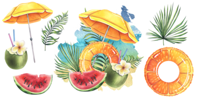 Beach umbrella yellow with orange print inflatable ring, cocktail in coconut, watermelon and tropical leaves. Watercolor illustration, hand drawn. Set of isolated objects png