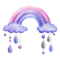 A stitched rainbow with clouds and raindrops hanging from ropes in blue, purple and pink. Childish cute hand drawn watercolor illustration. Isolated composition png