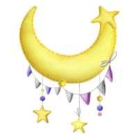 A stitched yellow crescent with hanging garlands of lilac and pink flags and stars. Childish cute hand drawn watercolor illustration. Isolated composition png