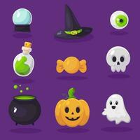 Happy Halloween elements set with magic hat, green eye, pumpkin. Green poison at the glass bottle. Cute skull face and ghost vector