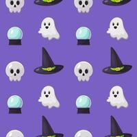 Happy Halloween seamless pattern with ghost, magic hat and skull vector