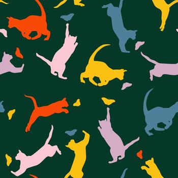 Cats playing with butterflies  in flat technique. Seamless pattern vector