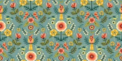 Folk floral seamless pattern with birds. Modern abstract design for paper, cover, fabric, pacing and other use vector