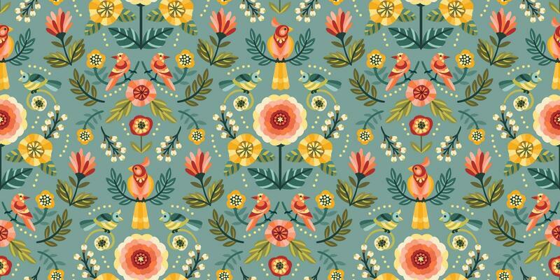 Folk floral seamless pattern with birds. Modern abstract design for paper, cover, fabric, pacing and other use