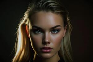 Portrait of a beautiful person with black background. Fictional person created with photo