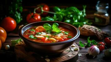 Vegetable soup on wooden background AI Generative photo