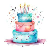 Watercolor vibrant birthday cake isolated photo