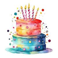 Watercolor vibrant birthday cake isolated photo