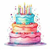 Watercolor vibrant birthday cake isolated photo