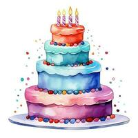 Watercolor vibrant birthday cake isolated photo