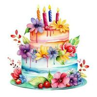 Watercolor vibrant birthday cake isolated photo