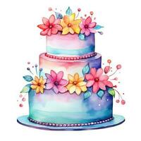 Watercolor vibrant birthday cake isolated photo