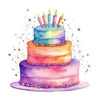 Watercolor vibrant birthday cake isolated photo