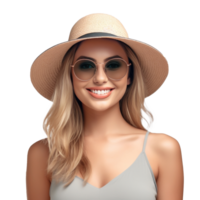 Beautiful girl with sunglasses and summer hat smiling isolated. Illustration AI Generative png