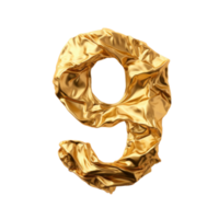 Crumpled gold foil number 9 isolated. Illustration AI Generative png