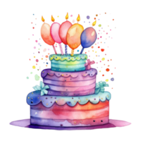 Watercolor vibrant birthday cake isolated png