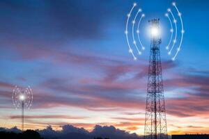 Telecommunication tower with network signal on sunset sky background, telecommunication concept photo