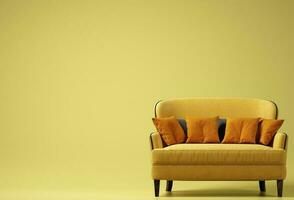 Interior design, Yellow sofa with yellow background. Minimal concept with copy space. 3d rendering photo