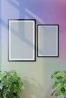 Frame photo mockup with sky blue wall background. 3D Render Illustration