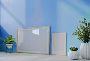 Frame photo mockup with sky blue wall background. 3D Render Illustration