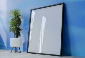 Frame photo mockup with sky blue wall background. 3D Render Illustration