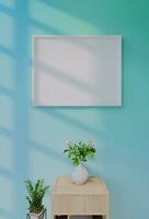 Frame photo mockup with sky blue wall background. 3D Render Illustration