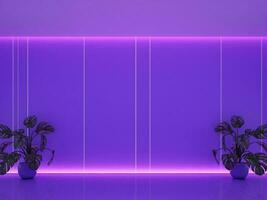 Cyber interior and violet background with copy space and plants. Violet color mood tone and light. 3d rendering photo