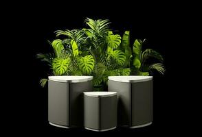 Futuristic marble countertops and grey color table surfaces on black background and plants. 3d renderFuturistic marble countertops and grey color table surfaces on black background and plants photo