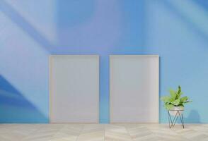 Frame photo mockup with sky blue wall background. 3D Render Illustration