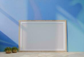 Frame photo mockup with sky blue wall background. 3D Render Illustration