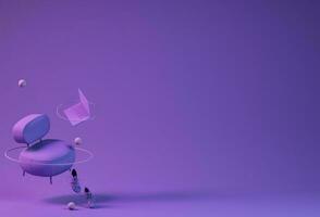 Purple chair, laptop, shoes floating on purple background. Minimal concept with copy space. 3d rendering photo