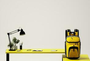 School tools on bright color backgrounds, 3D rendering photo