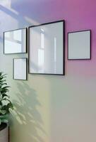 Frame photo mockup with sky blue wall background. 3D Render Illustration